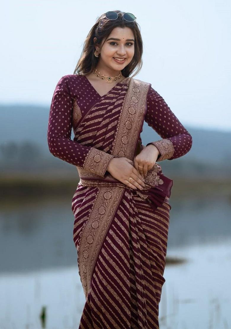 Maroon Jacquard Work Silk Saree Set - Indya