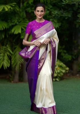 Off White Jacquard Work Silk Saree Set