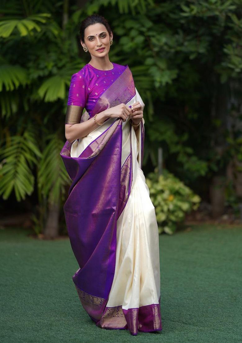 Off White Jacquard Work Silk Saree Set - Indya