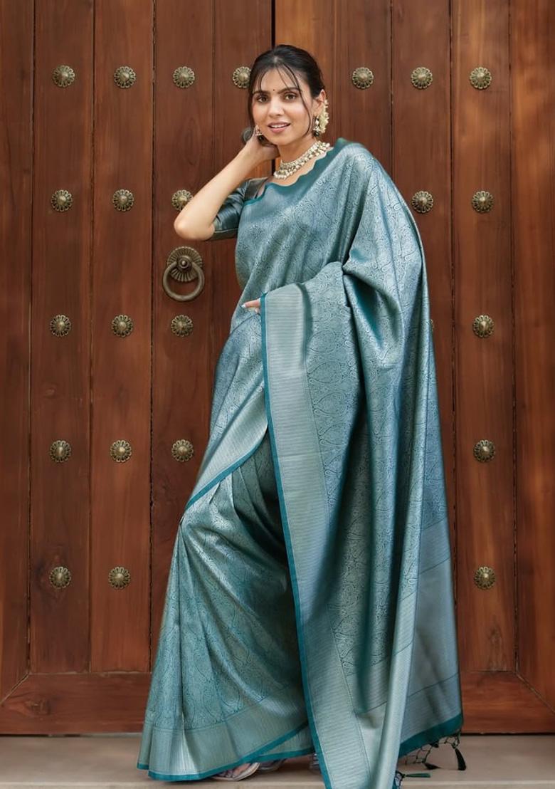 Blue Weaving Work Silk Saree Set - Indya