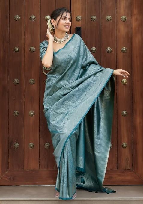 Blue Weaving Work Silk Saree Set