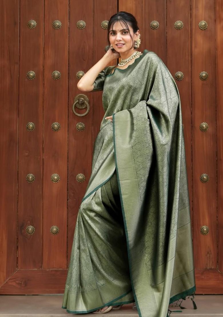 Green Weaving Work Silk Saree Set - Indya