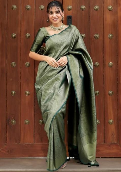 Green Weaving Work Silk Saree Set
