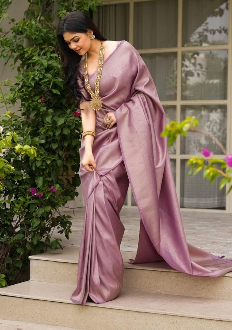 Lavender Weaving Work Silk Saree Set - Indya