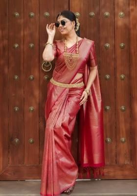 Pink Weaving Work Silk Saree Set