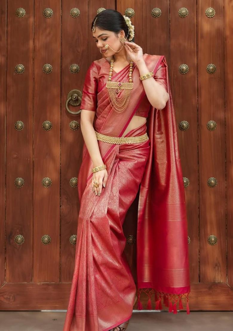 Pink Weaving Work Silk Saree Set - Indya