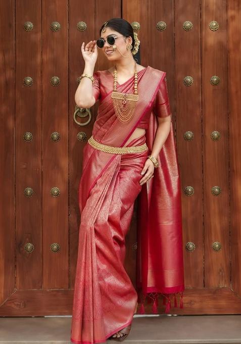 Pink Weaving Work Silk Saree Set