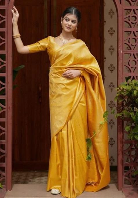 Yellow Weaving Work Silk Saree Set