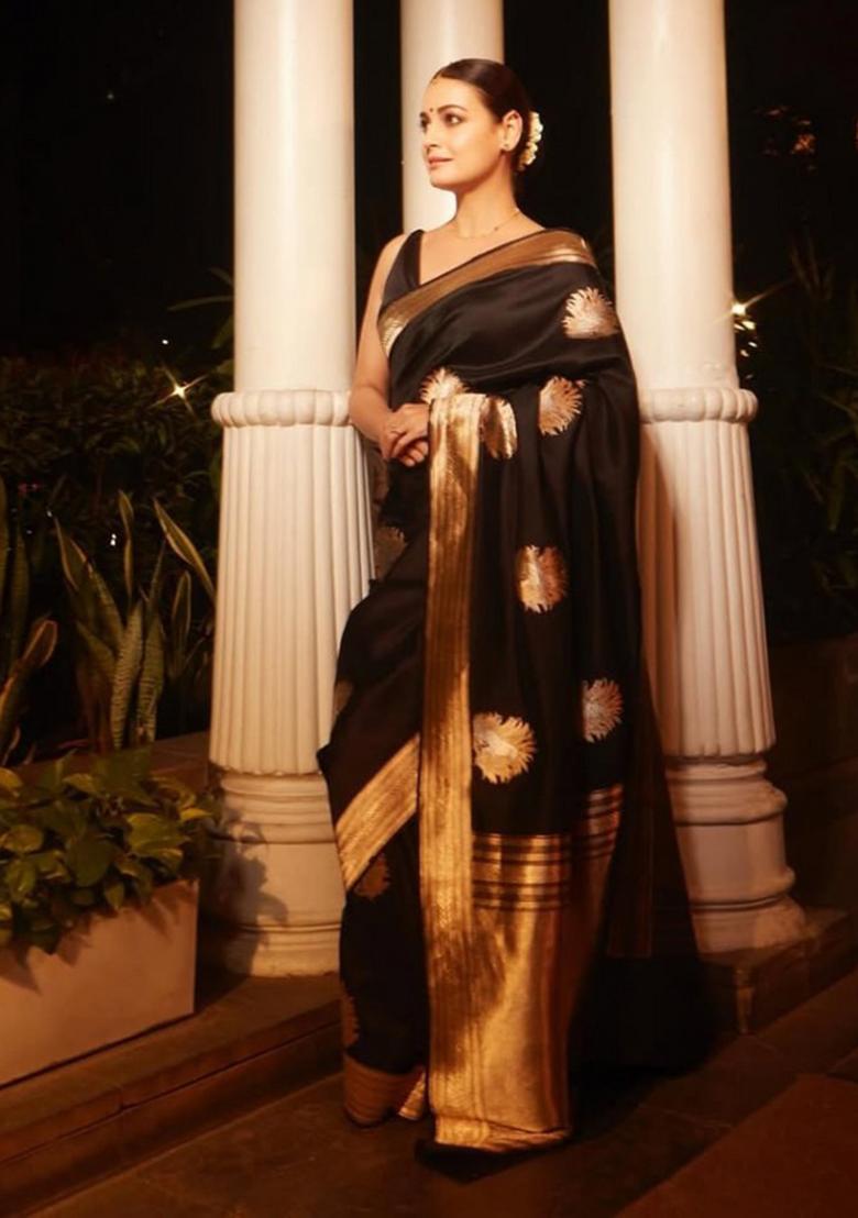 Black Jacquard Work Silk Saree Set - Indya
