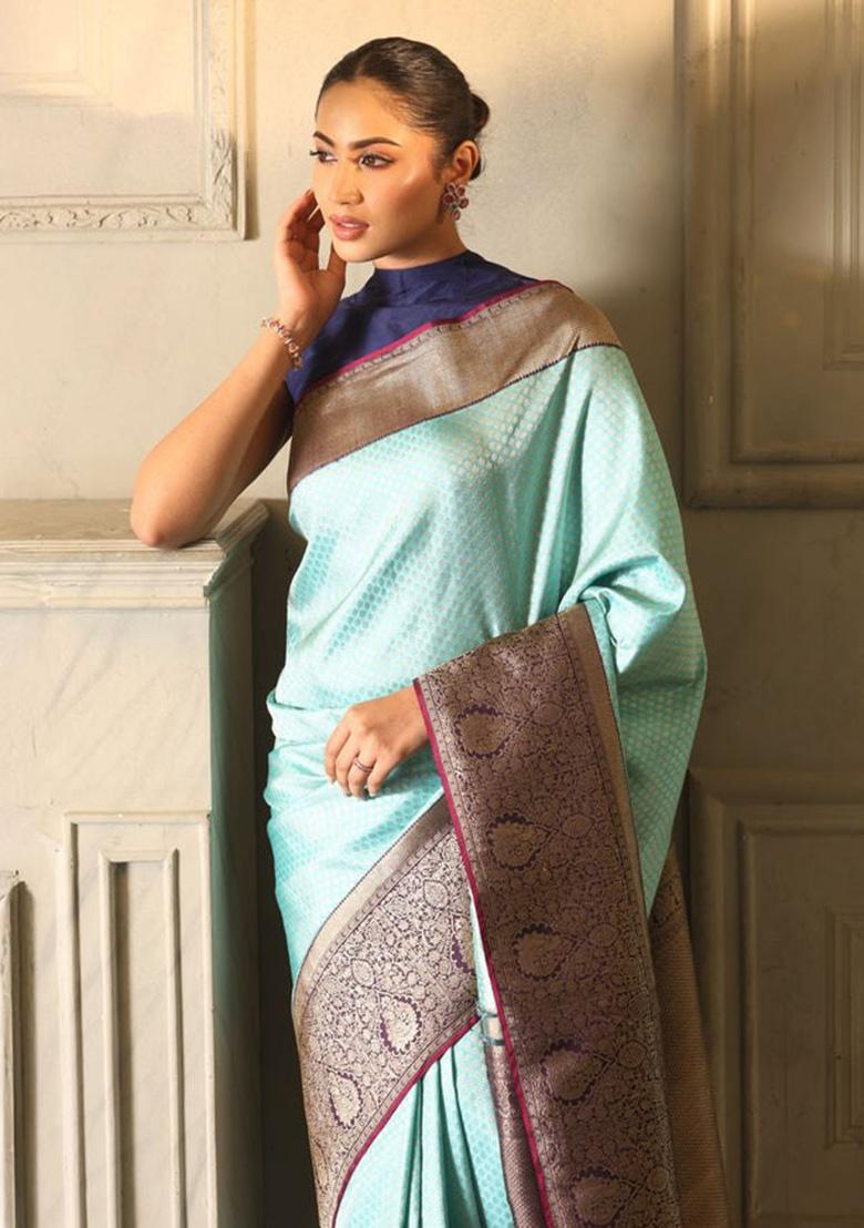 Sky Blue Jacquard Work Silk Saree Set - Indya