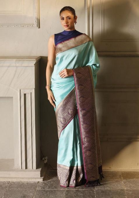 Sky Blue Jacquard Work Silk Saree Set