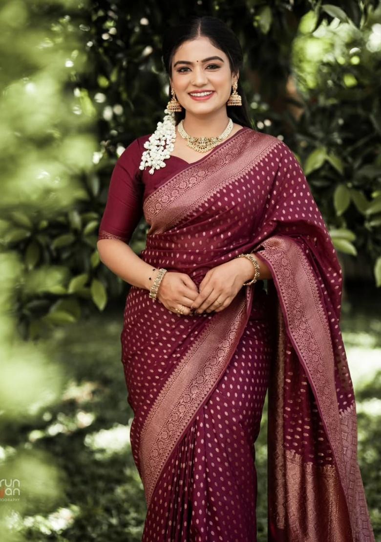 Deep Maroon Jacquard Work Silk Saree Set - Indya