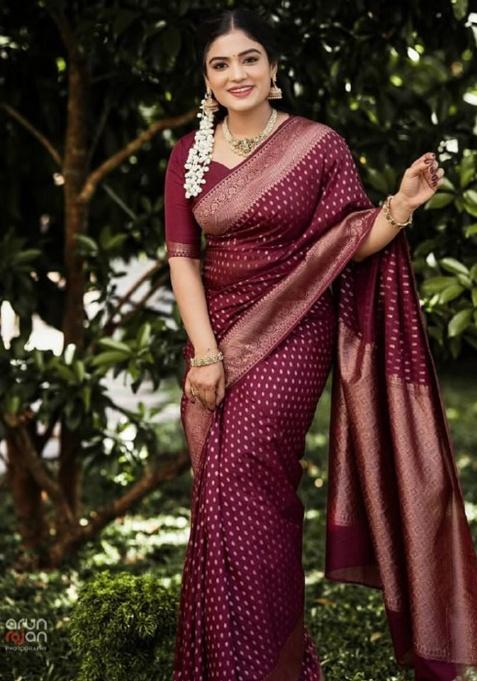 Deep Maroon Jacquard Work Silk Saree Set
