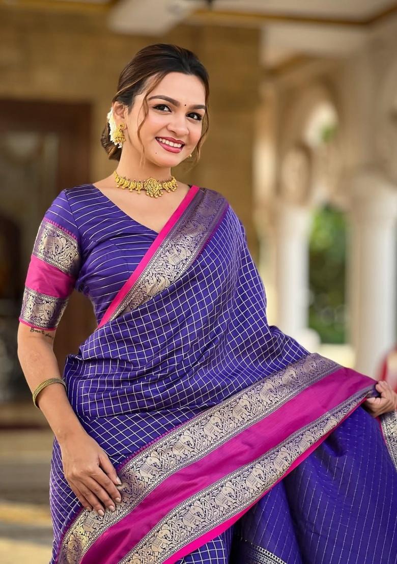 Purple Jacquard Work Silk Saree Set - Indya