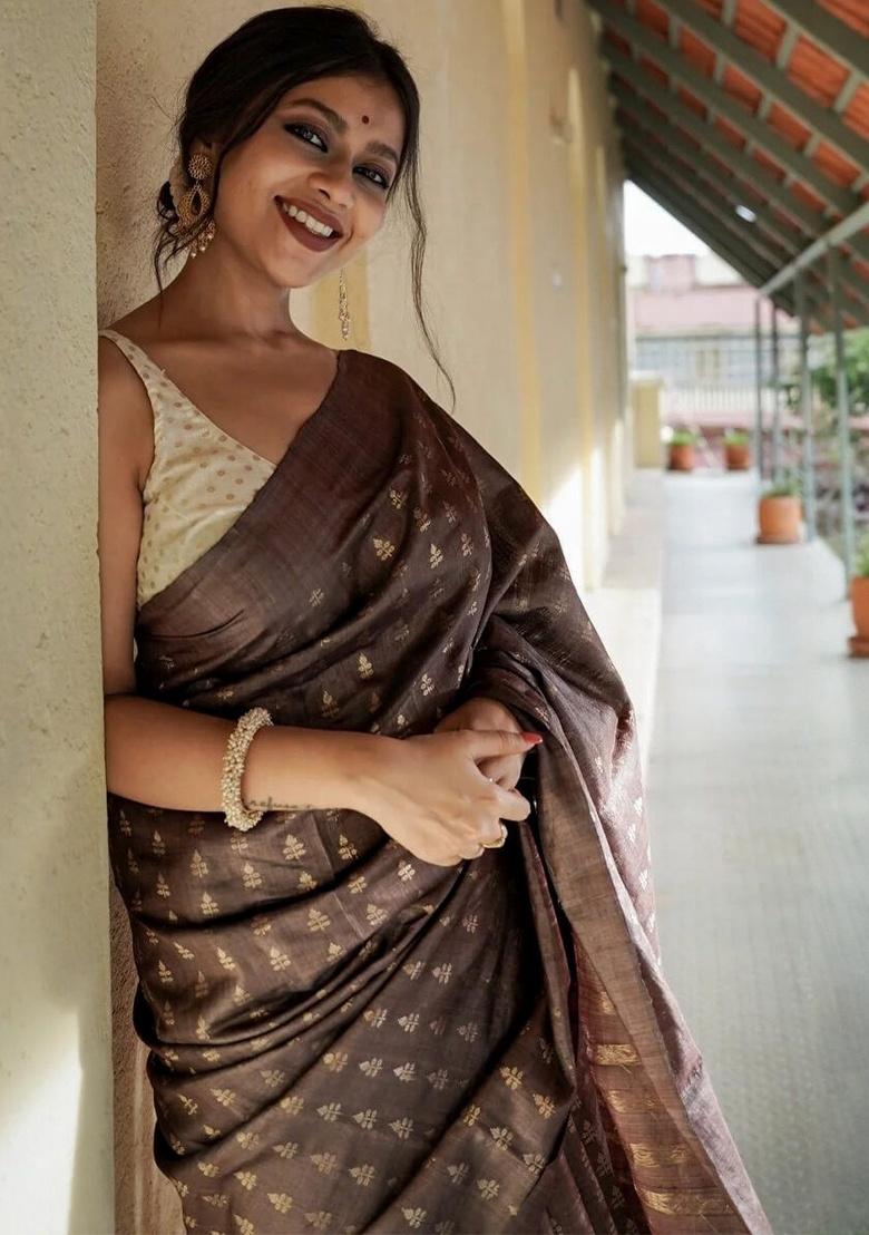 Brown Jacquard Work Silk Saree Set - Indya