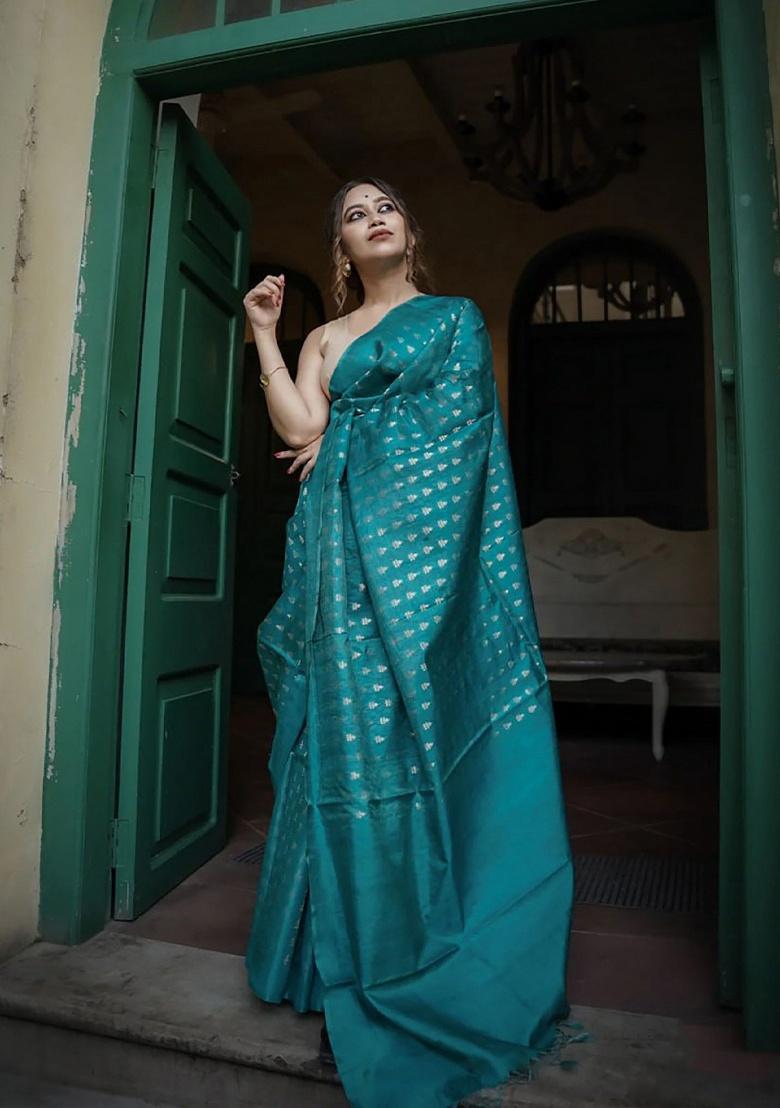 Blue Jacquard Work Silk Saree Set - Indya