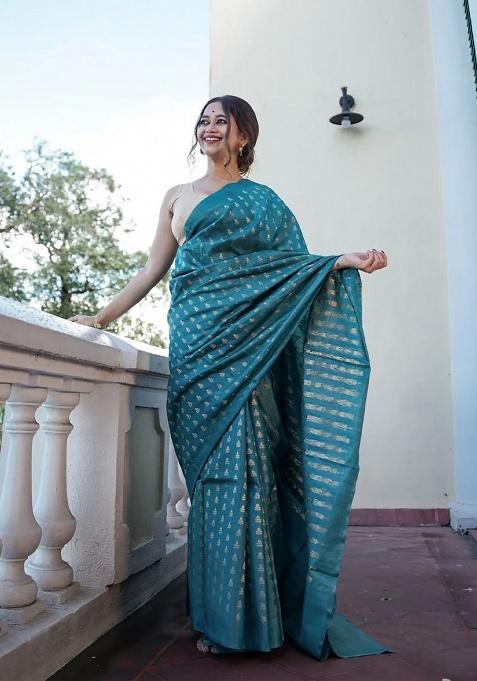 Blue Jacquard Work Silk Saree Set