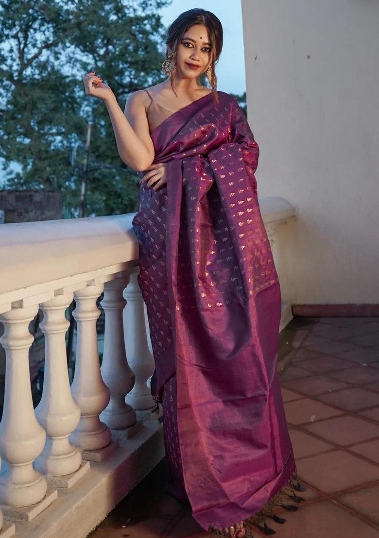 Wine Jacquard Work Silk Saree Set - Indya