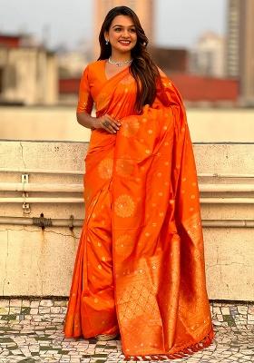 Orange Jacquard Work Silk Saree Set