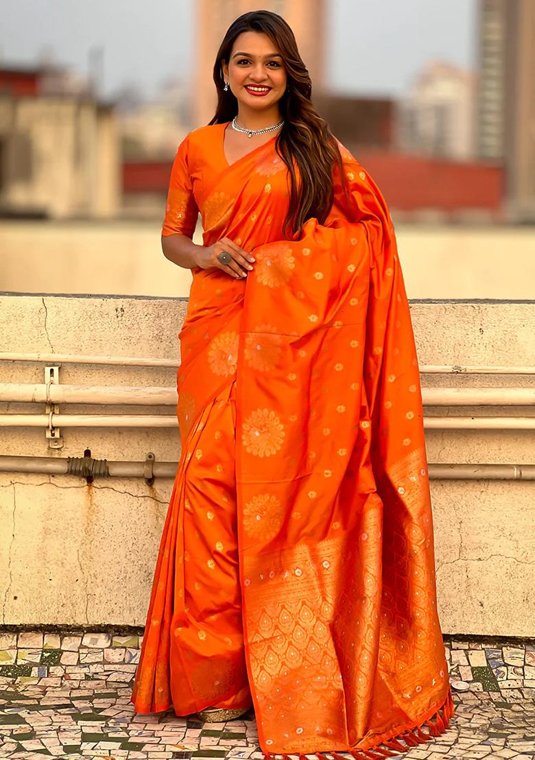 Orange Jacquard Work Silk Saree Set - Indya