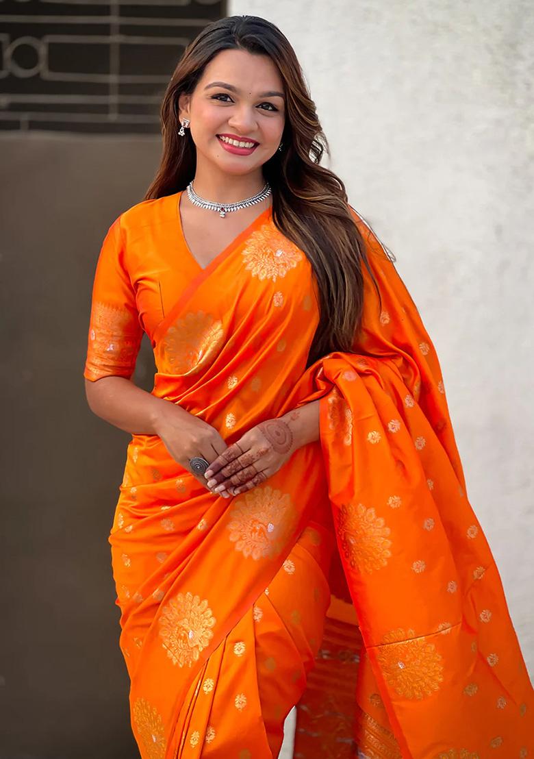 Orange Jacquard Work Silk Saree Set - Indya
