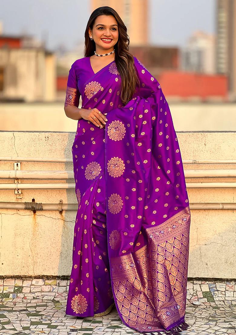 Purple Jacquard Work Silk Saree Set - Indya