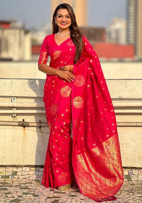 Rani Pink Jacquard Work Silk Saree Set