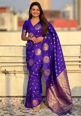Royal Blue Jacquard Work Silk Saree Set