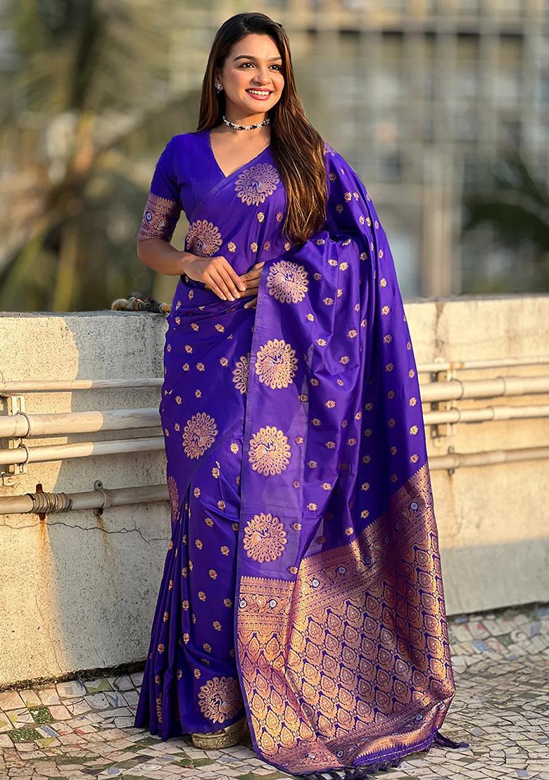 Royal Blue Jacquard Work Silk Saree Set - Indya