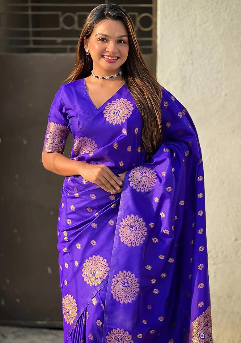 Royal Blue Jacquard Work Silk Saree Set - Indya