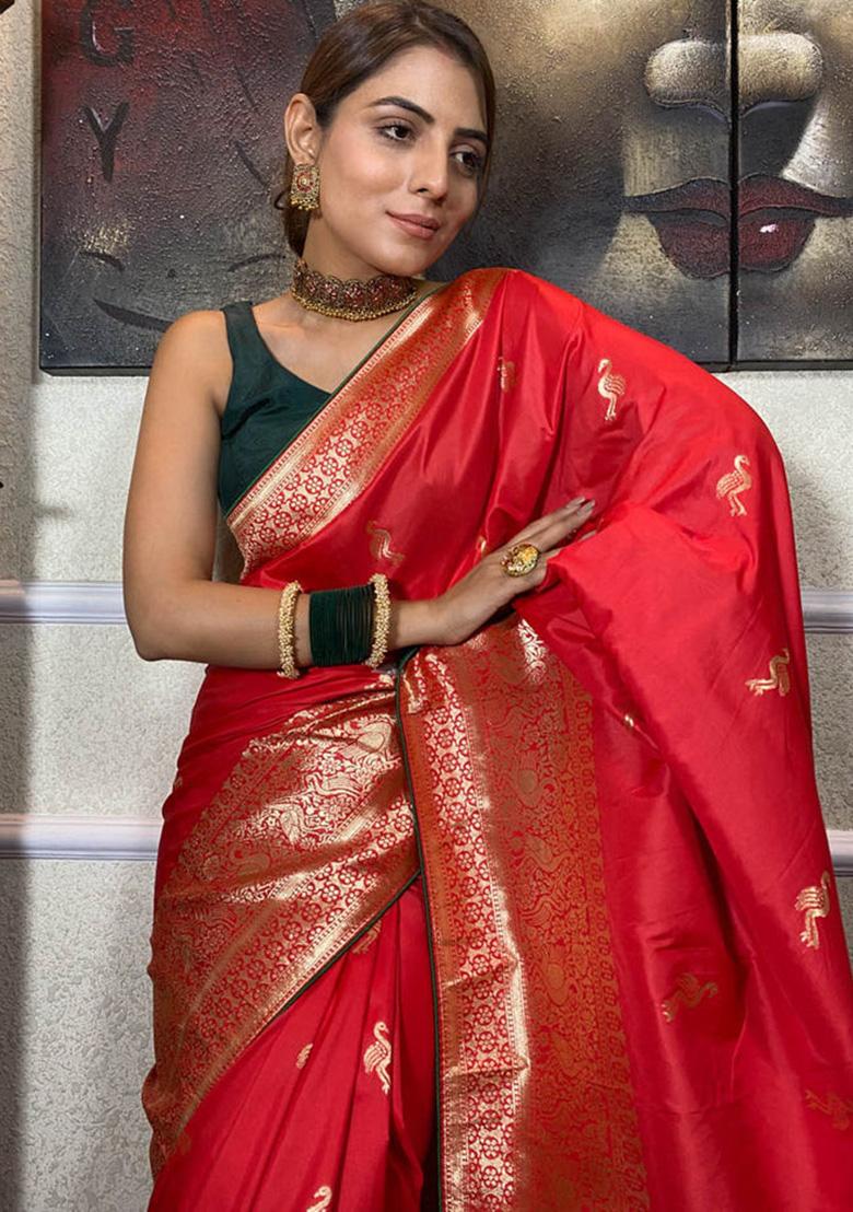 Red Jacquard Work Silk Saree Set - Indya