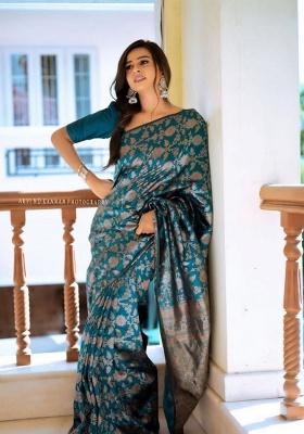 Teal Jacquard Work Silk Saree Set