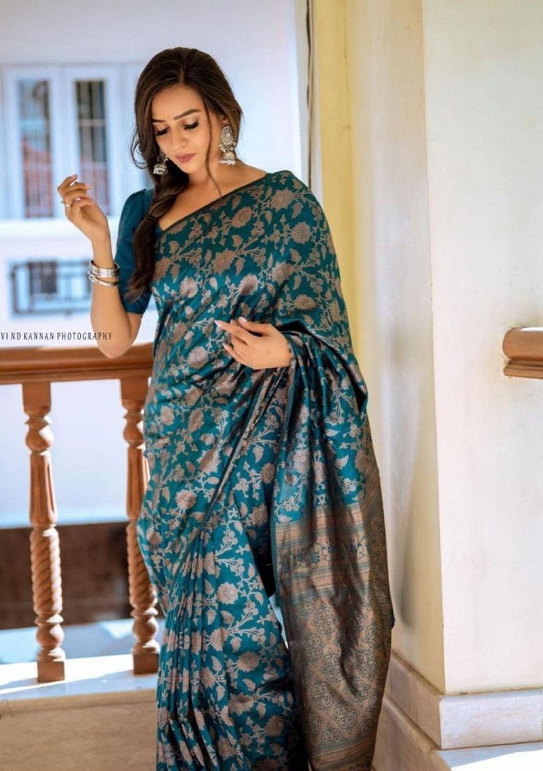 Teal Jacquard Work Silk Saree Set - Indya