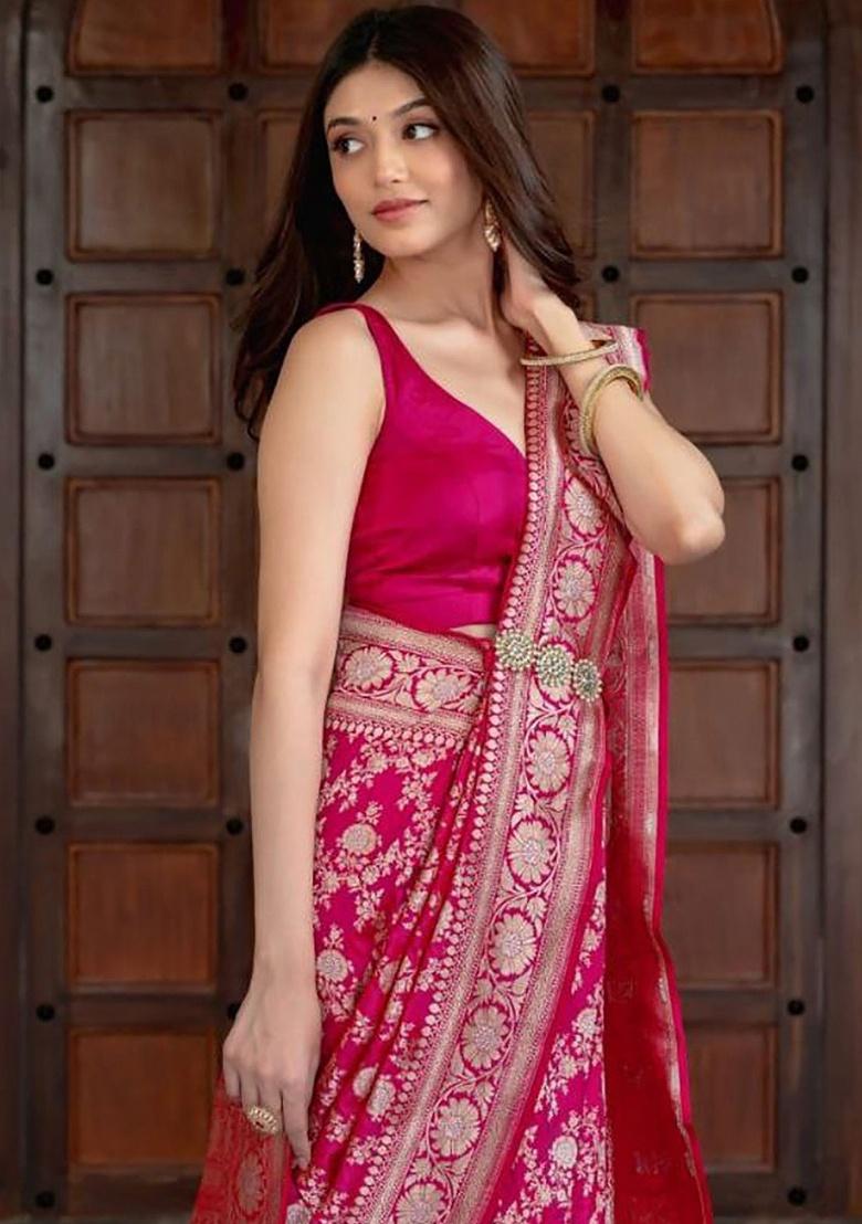 Pink Jacquard Work Silk Saree Set - Indya