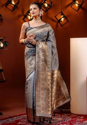 Grey Jacquard Work Silk Saree Set