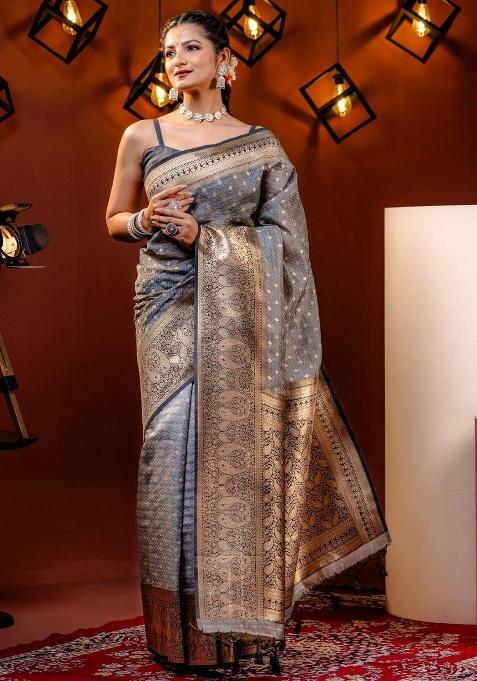 Grey Jacquard Work Silk Saree Set