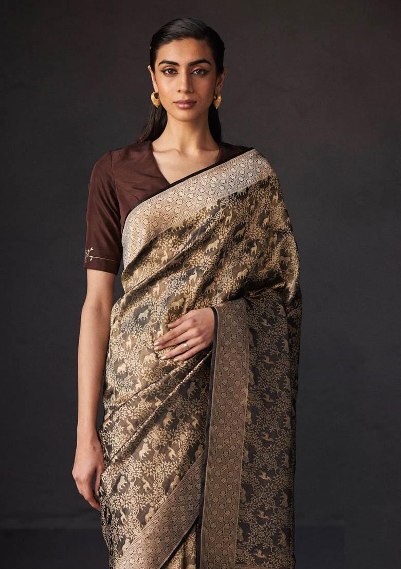 Black Jacquard Work Silk Saree Set - Indya