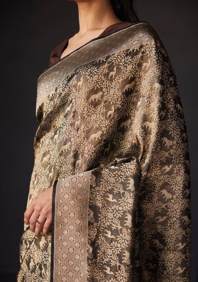 Black Jacquard Work Silk Saree Set - Indya