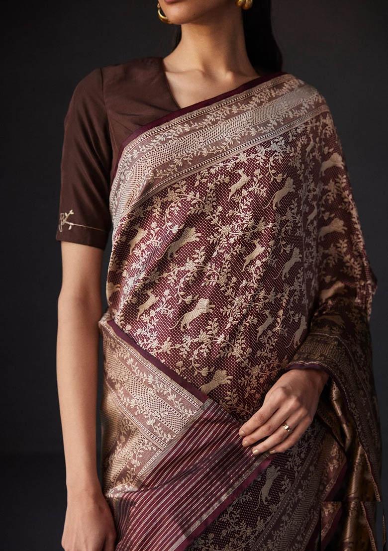 Maroon Jacquard Work Silk Saree Set - Indya
