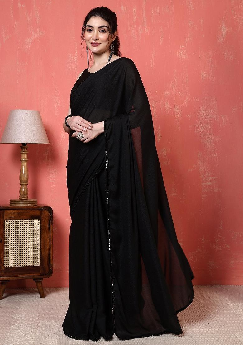 Black Printed Cotton Saree - Indya