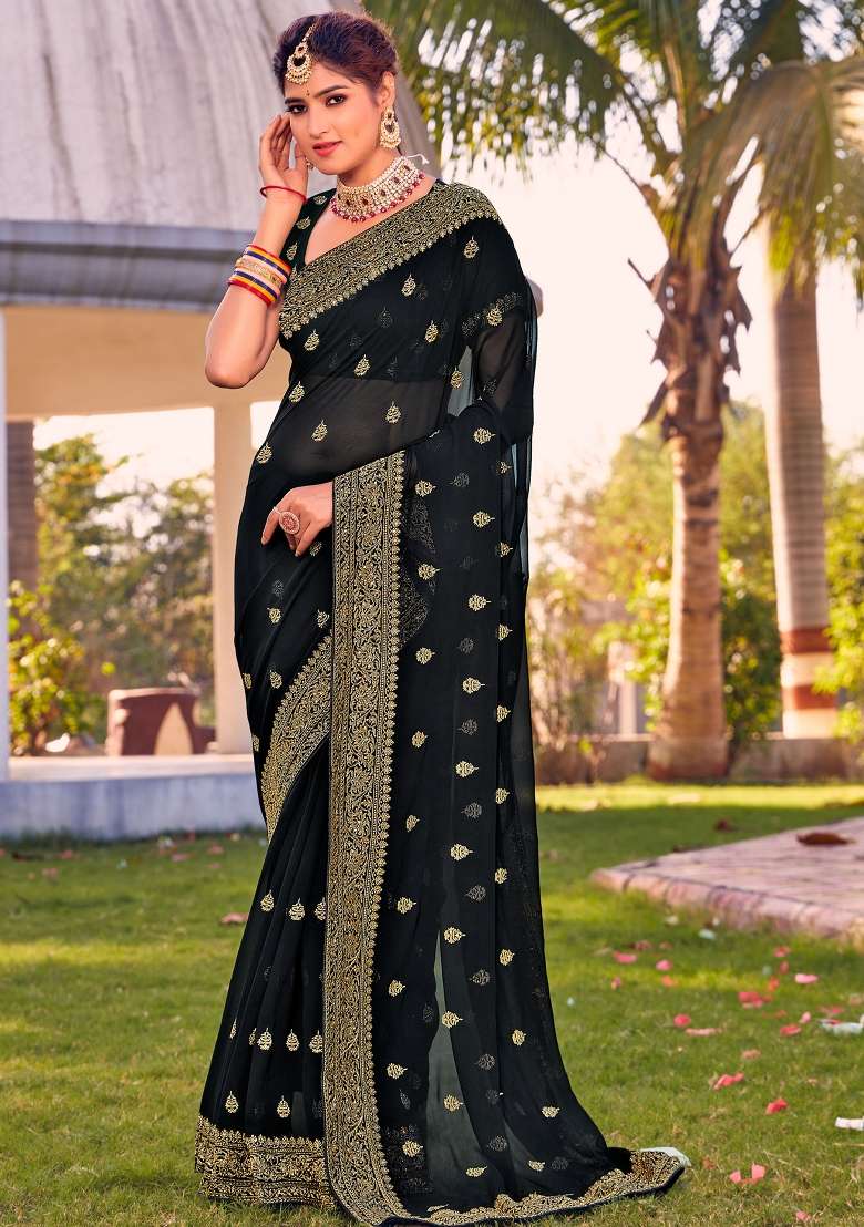 Black Zari Work Georgette Saree Set for Diwali and Festive Wear - Indya