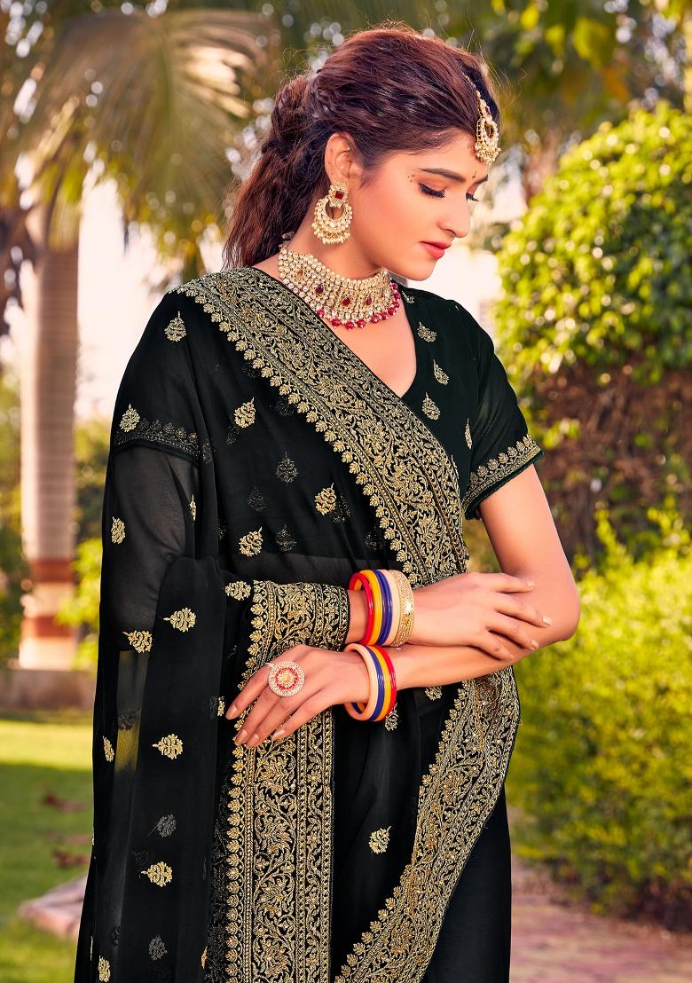 Black Zari Work Georgette Saree Set - Indya