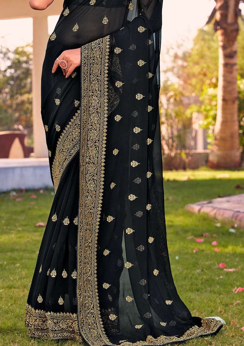 Black Zari Work Georgette Saree Set for Diwali and Festive Wear - Indya