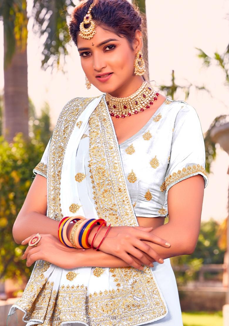 White Zari Work Georgette Saree Set - Indya