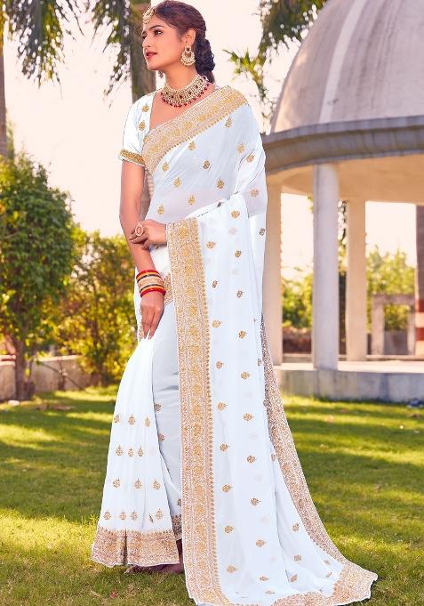 White Zari Work Georgette Saree Set