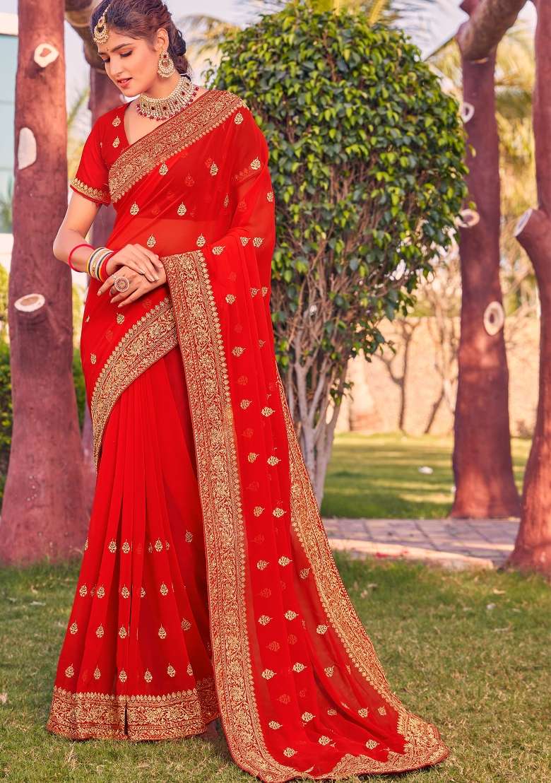 Red Zari Work Georgette Saree Set for Diwali and Festive Wear - Indya