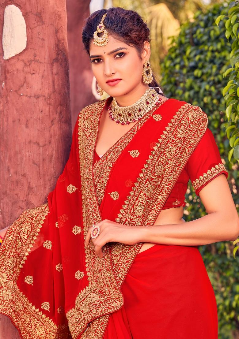 Red Zari Work Georgette Saree Set - Indya