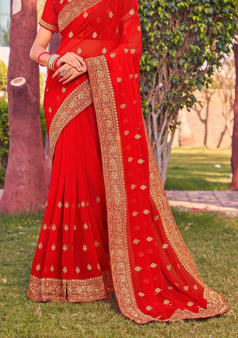 Red Zari Work Georgette Saree Set for Diwali and Festive Wear - Indya