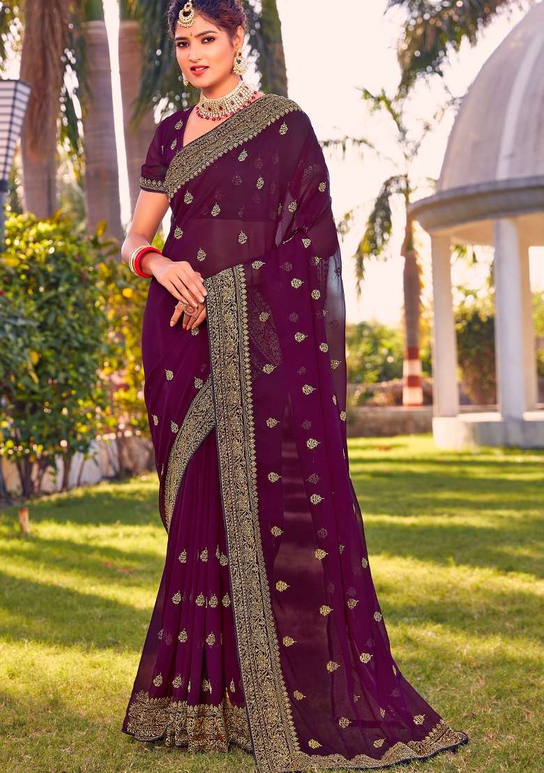 Wine Georgette Saree Set with Zari Work for Diwali | Wedding & Festive Wear - Indya