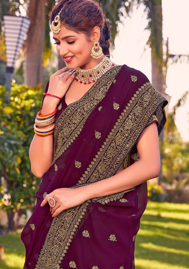 Wine Zari Work Georgette Saree Set - Indya